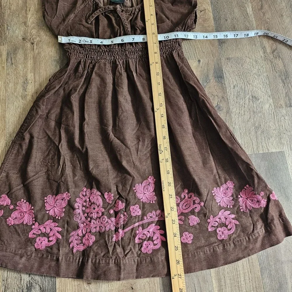 Vintage Mini Boden Corduroy Embroidered Dress Brown Pink Cottagecore 5-6Y